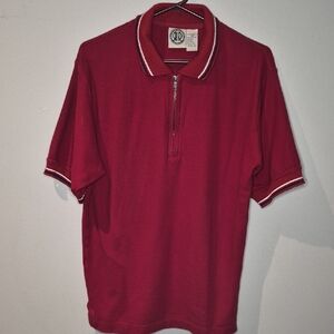 Retro Athletic Men's Red Short-Sleeve Zip Polo with Contrast Stripe Collar